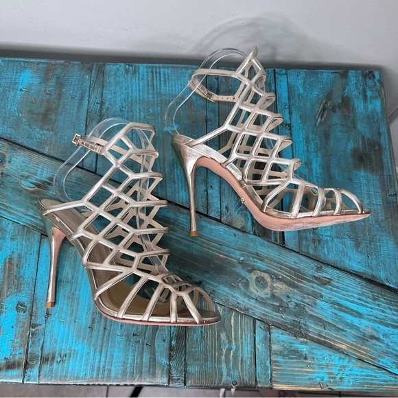 Schutz Juliana Gold High Heel Caged Open Dress Sandal Size 8 - Picture 4 of 16